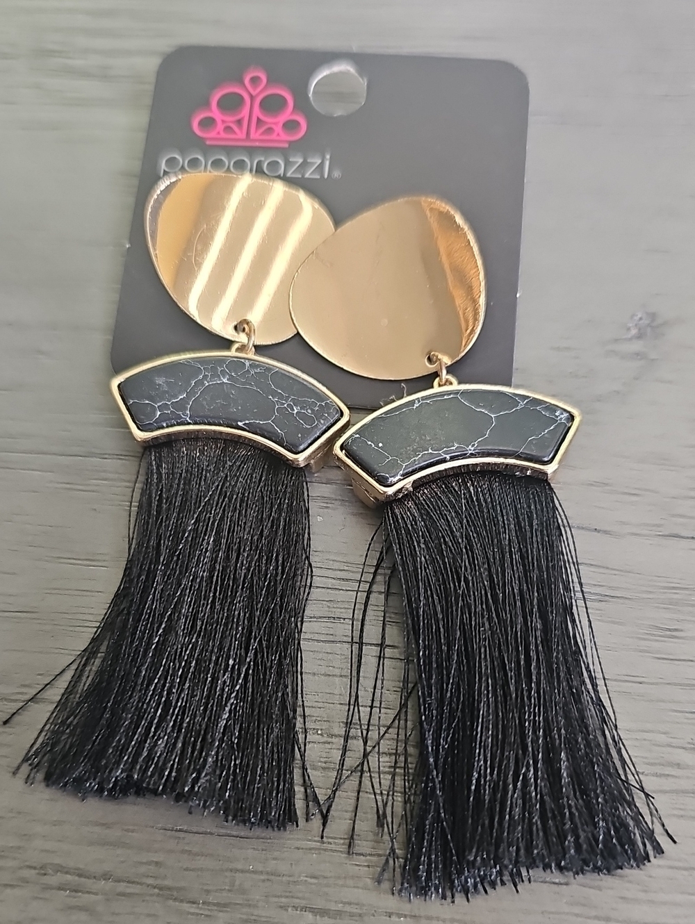 Paparazzi Black and Gold Marbled Tassel Earrings
